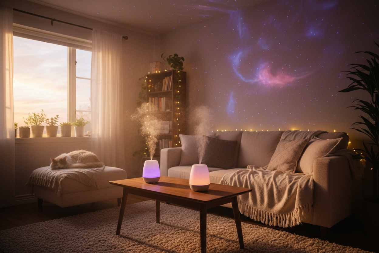 led and galaxy lights with aremotherapy diffusers with a ray of sunset make it look homy